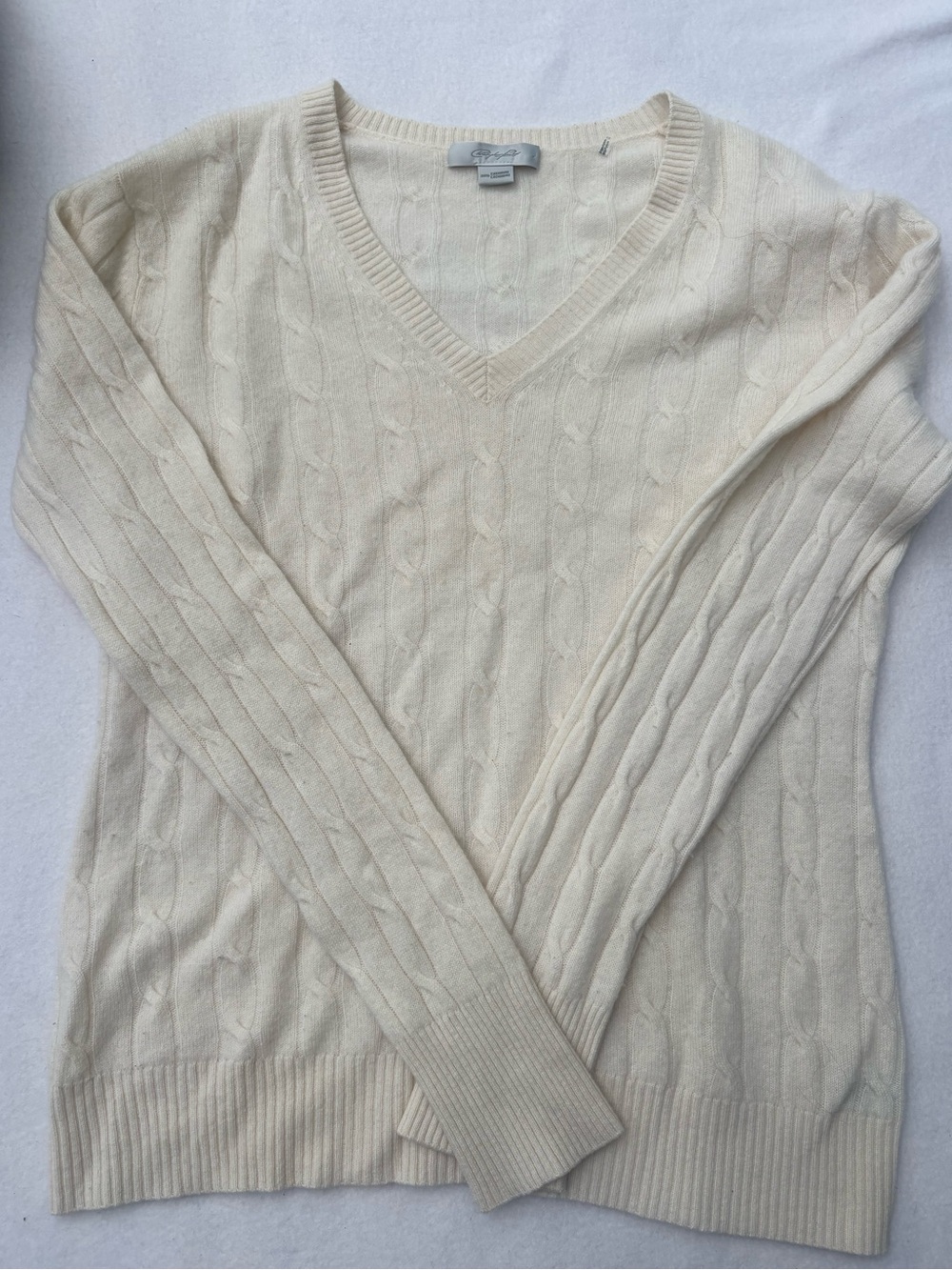 100% Cashmere Cable Knit V-Neck Sweater in Cream by Christopher Fischer